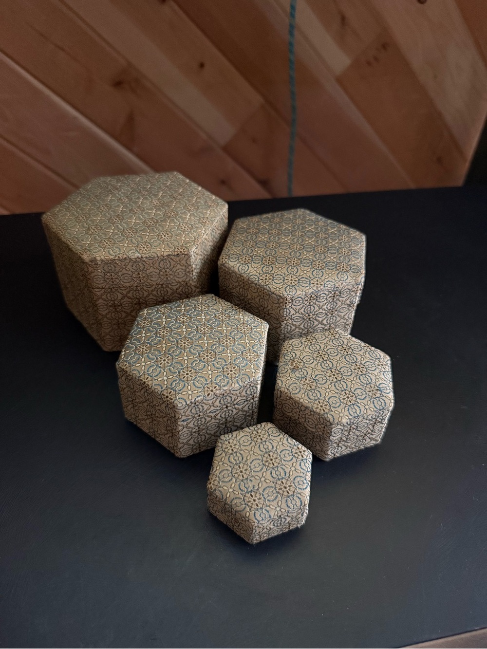 Set of 5 Hexagonal Decorative Nesting Boxes in Gold and Blue Pattern
